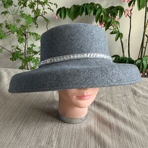Elegant Gray Wool Wide-Brim Hat with Silver Rhinestone Band